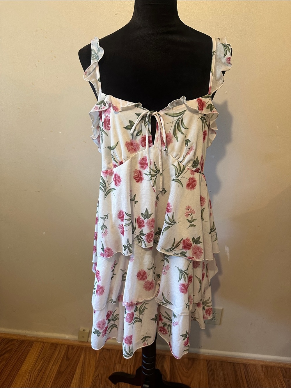 wild fable White & Pink Floral Sweetheart Neckline Ruffle Mini Dress